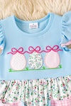 Lt.Blue floral printed dress with ruffle hem & egg applique. DRG60271 SOL