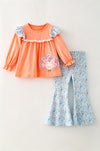 Coral Turkey applique tunic with blue floral bottoms. OFG61932 SOL