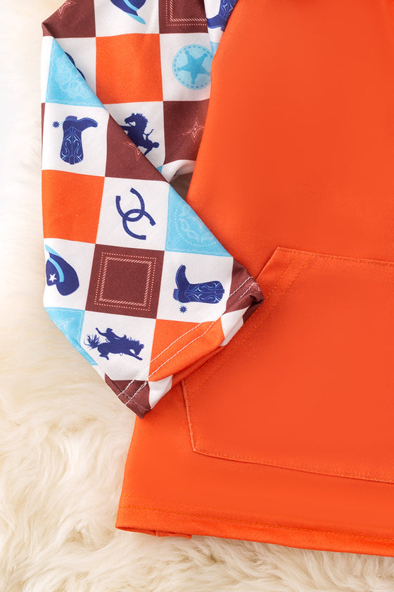 (Western) Orange western printed sleeve pullover. TPB50503 SOL
