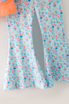 Coral Turkey applique tunic with blue floral bottoms. OFG61932 SOL