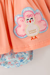 Coral & blue floral w/ turkey applique baby bodysuit. RPG63138 AMY