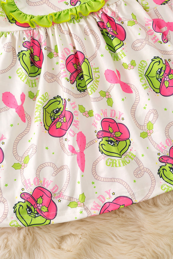 Gr*nch printed girls dress with sleeve bells. DRG52182 Jean
