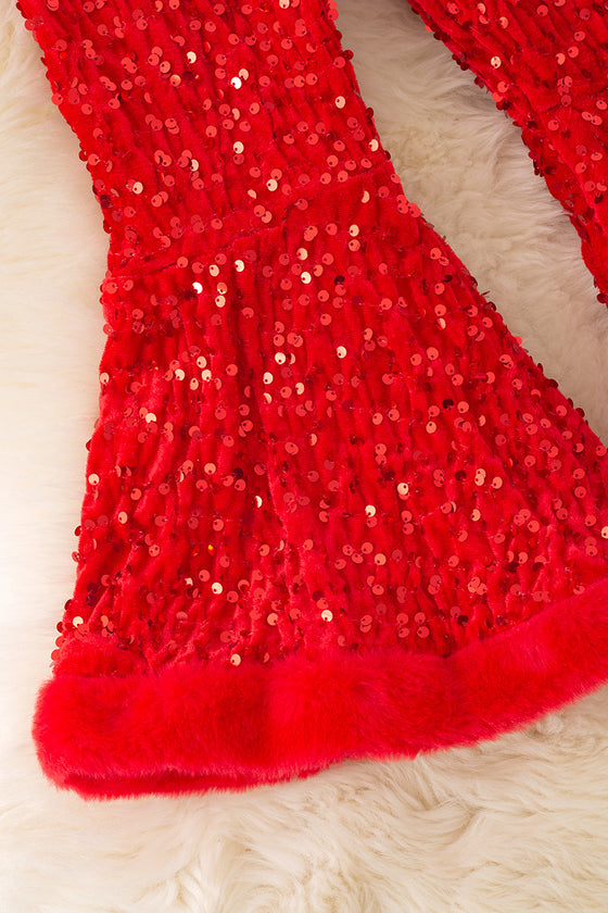 Red sequins bell bottoms with faux fur trim. PNG50267 SOL