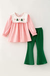 Pink bow & Christmas tree embroidered on tunic and green pants. OFG63020 SOL