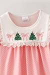 Pink bow & Christmas tree embroidered on tunic and green pants. OFG63020 SOL