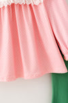 Pink bow & Christmas tree embroidered on tunic and green pants. OFG63020 SOL