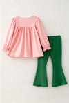Pink bow & Christmas tree embroidered on tunic and green pants. OFG63020 SOL