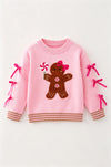 Ginger cookie pink knit sweater with bow on sleeves. TPG60738 MON