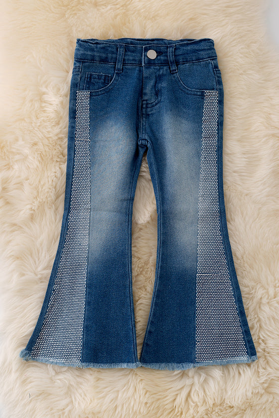 Dark Blue Bootcut denim pants with rhinestones. PNG50064 SOL