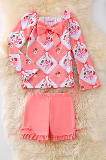  Strawberry printed long sleeve top with front side bow & swim shorts. SWG40106 SOL 🏖️