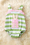 Easter bunny applique & Green / white stripe printed baby bodysuit. RPG60156 JEAN
