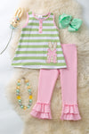 Green & white stripe tunic w/Easter bunny applique & pink ruffle bottoms. OFG60154 AMY