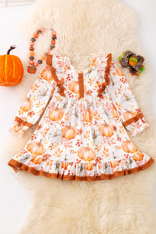  Pumpkin fall printed girls dress with angel sleeve. DRG53050 SOL