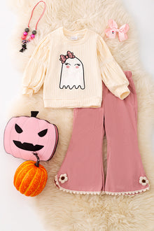  Ghost printed on ivory long sleeve top and pink pants. OFG51170 AMY
