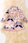 Coral and navy blue cowgirl printed button up dress with fringe. (Western)  TPG50991 Jean
