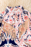 Coral and navy blue cowgirl printed button up dress with fringe. (Western)  TPG50991 Jean