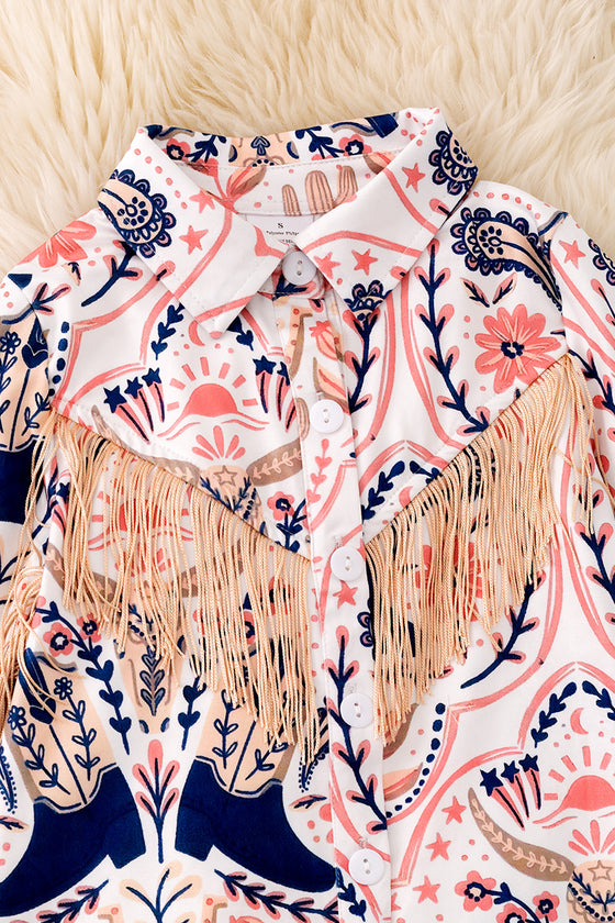 Coral and navy blue cowgirl printed button up dress with fringe. (Western)  TPG50991 Jean