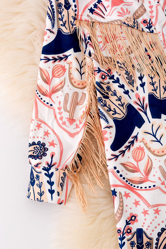 Coral and navy blue cowgirl printed button up dress with fringe. (Western)  TPG50991 Jean