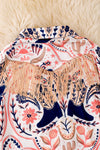 Coral and navy blue cowgirl printed button up dress with fringe. (Western)  TPG50991 Jean