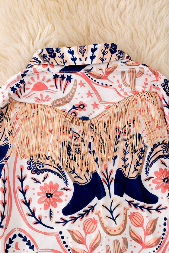 Coral and navy blue cowgirl printed button up dress with fringe. (Western)  TPG50991 Jean