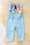 RPB40275 SOL: Blue and white character applique romper.