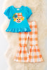 OFG41717 JEANN : Scarecrow applique on turquoise & plaid pants.