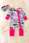 🎍Bamboo hot pink and turquoise baby onesie with matching headband. RPG52353  JEAN