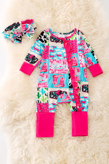  🎍Bamboo hot pink and turquoise baby onesie with matching headband. RPG52353  JEAN