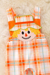 🍁RPB40279 JEAN: Scarecrow applique boys plaid romper w/snaps.