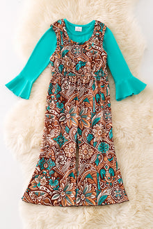  Brown jumpsuit with teal long sleeve shirt. OFG52044 SOL