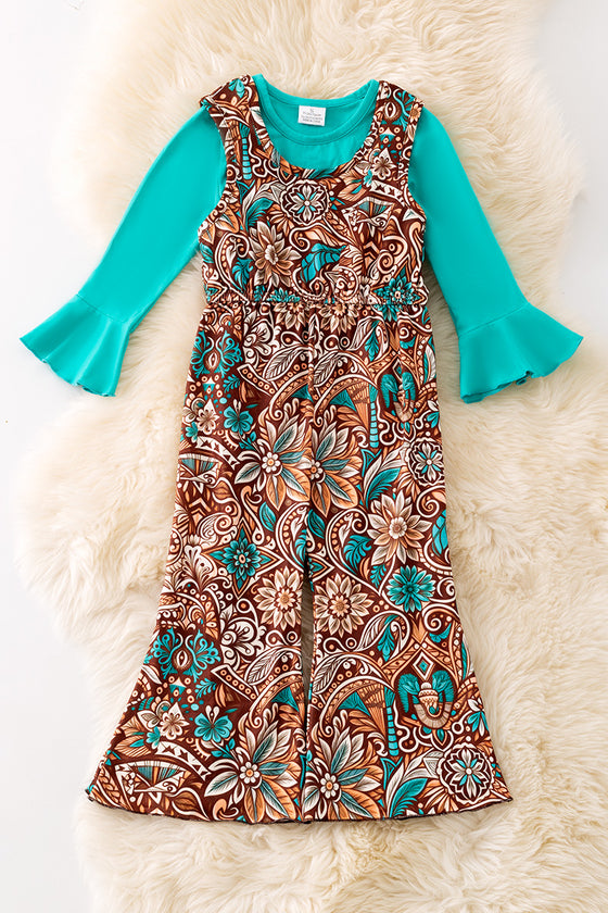 Brown jumpsuit with teal long sleeve shirt. OFG52044 SOL