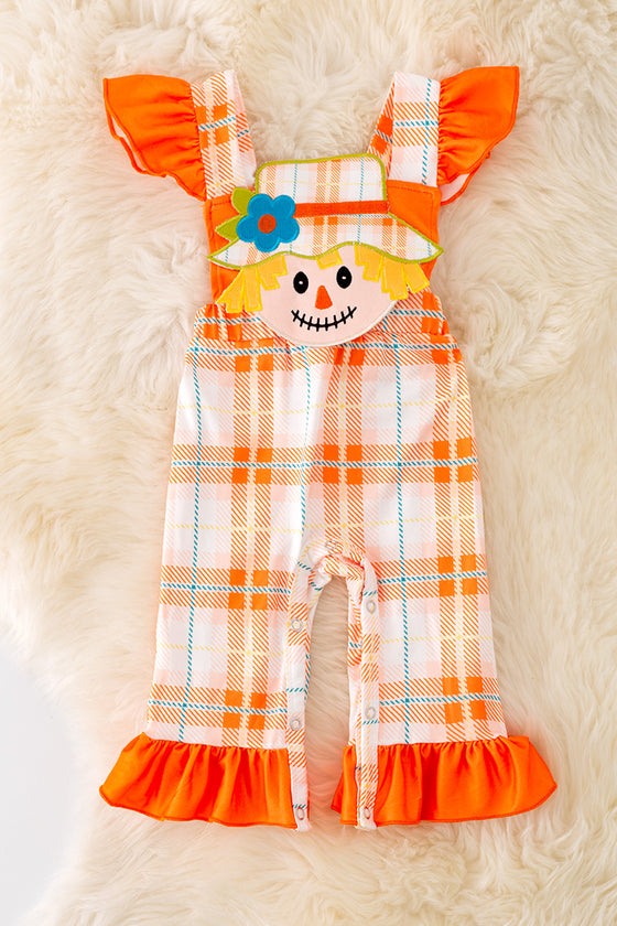 🍁RPG40661 AMY: Scarecrow  applique baby romper w/snaps.