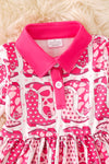 Cowgirl boot fuchsia printed dress with cow printed hem. (Western)  DRG54117 SOL Jean