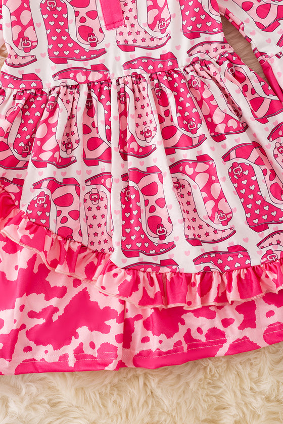 Cowgirl boot fuchsia printed dress with cow printed hem. (Western)  DRG54117 SOL Jean