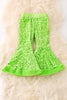 Neon green sequins bell bottoms with faux fur hem. PNG50264 SOL