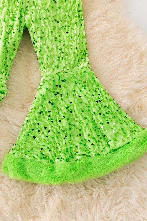 Neon green sequins bell bottoms with faux fur hem. PNG50264 SOL