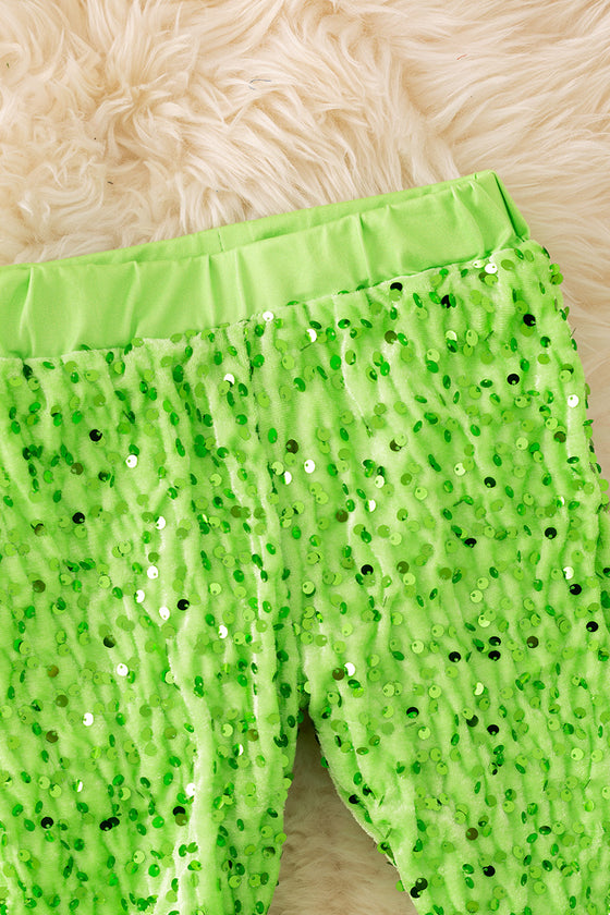Neon green sequins bell bottoms with faux fur hem. PNG50264 SOL