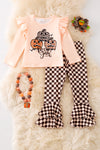 "Boo yah" Ivory long sleeve top and checkered double layer bottoms. OFG51891 AMY