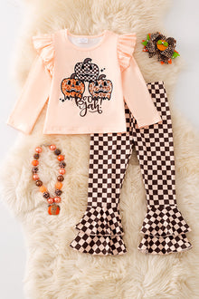  "Boo yah" Ivory long sleeve top and checkered double layer bottoms. OFG51891 AMY