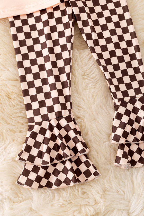 "Boo yah" Ivory long sleeve top and checkered double layer bottoms. OFG51891 AMY