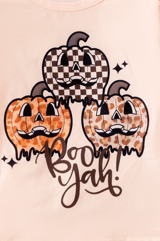 "Boo yah" Ivory long sleeve top and checkered double layer bottoms. OFG51891 AMY