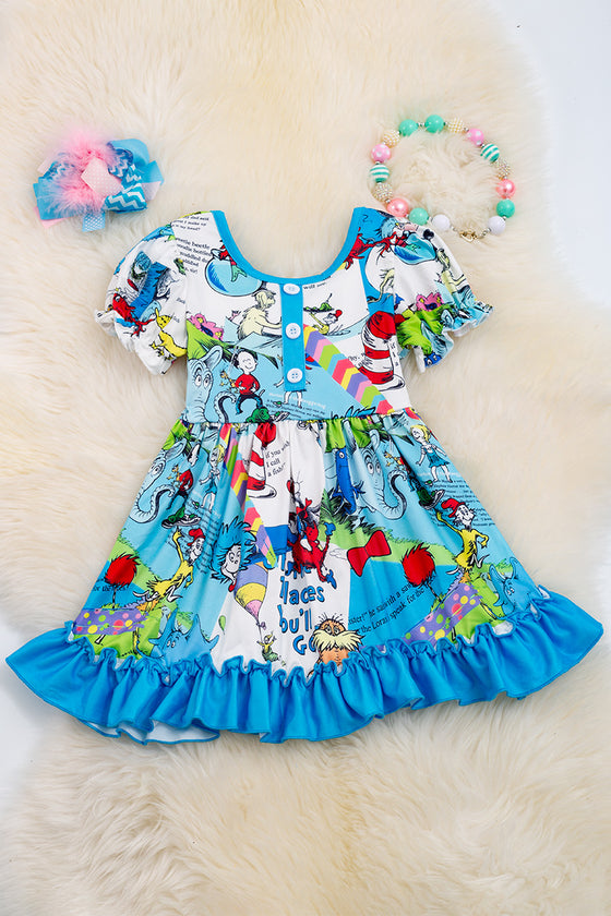 Cat in the hat turquoise dress with ruffle. DRG40198 AMY
