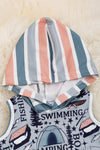 Swimming, camping" gray baby onesie with hoodie. RPB430007 wendy