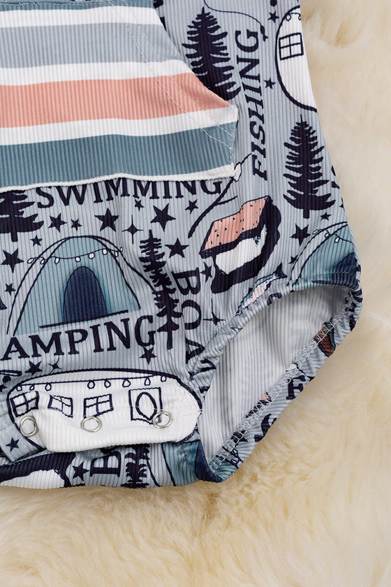 Swimming, camping" gray baby onesie with hoodie. RPB430007 wendy
