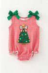 Christmas tree applique on gingham baby bodysuit. RPG65166 SOL