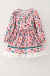 Christmas pattern printed on pink dress with lace hem. DRG65188 AMY