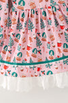 Christmas pattern printed on pink dress with lace hem. DRG65188 AMY