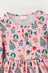 Christmas pattern printed on pink dress with lace hem. DRG65188 AMY