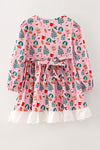 Christmas pattern printed on pink dress with lace hem. DRG65188 AMY