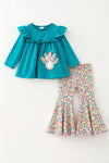 Teal tunic w/ turkey applique and floral bell bottoms. OFG61938 MON